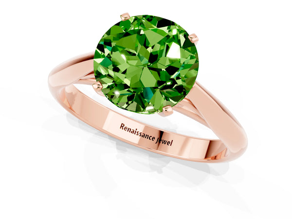 Rose gold Round Cut Peridot Solitaire Engagement Ring with Cathedral Setting and Four-Prong Mount