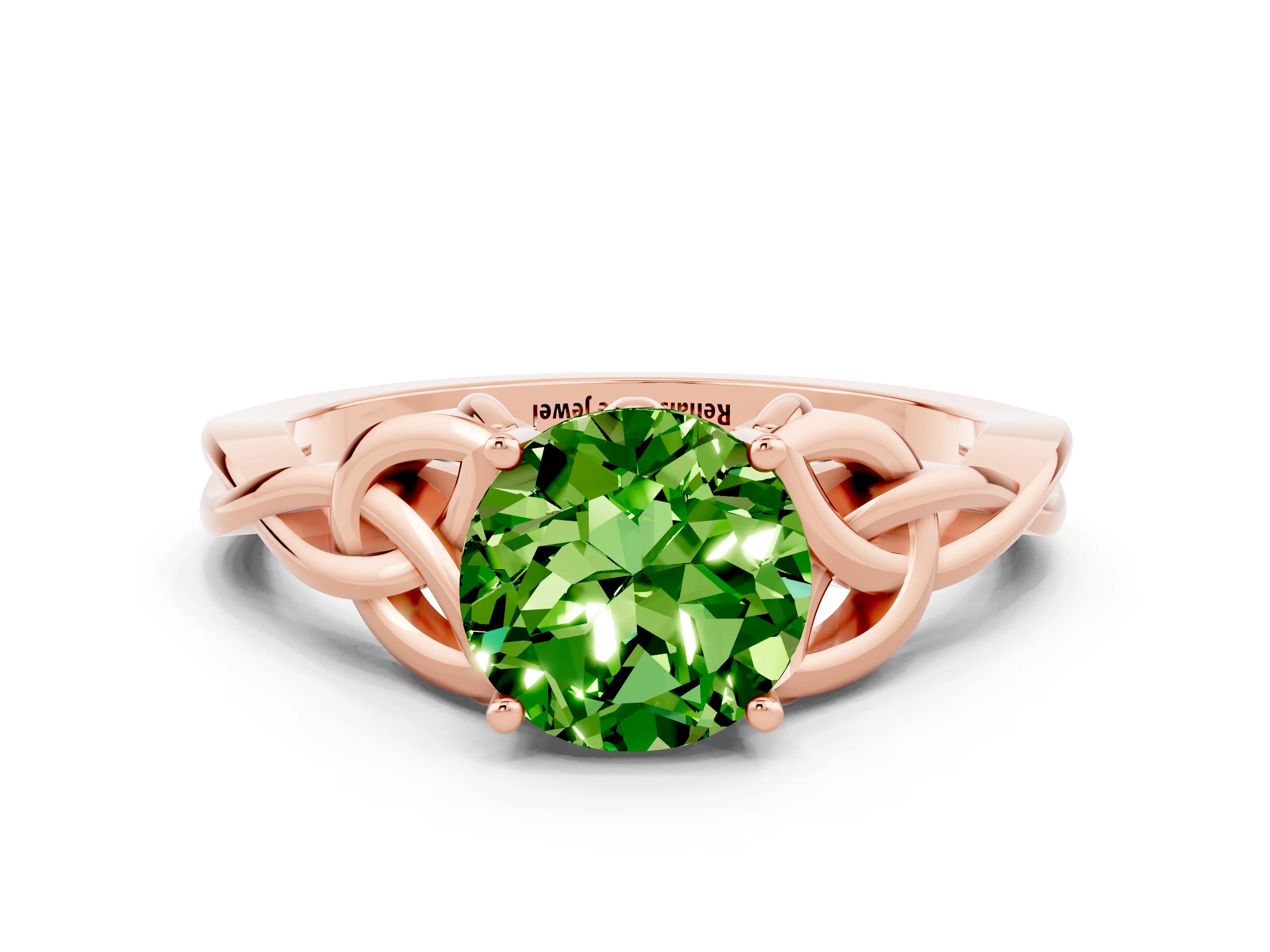 Rose gold Round Cut Peridot Solitaire Engagement Ring with Celtic Knot Band and Four-Prong Setting