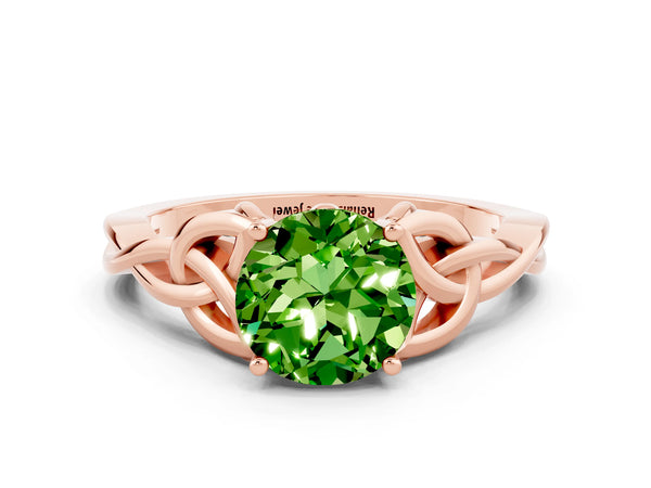 Rose gold Round Cut Peridot Solitaire Engagement Ring with Celtic Knot Band and Four-Prong Setting