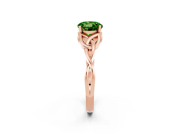 Rose gold Round Cut Peridot Solitaire Engagement Ring with Celtic Knot Band and Four-Prong Setting