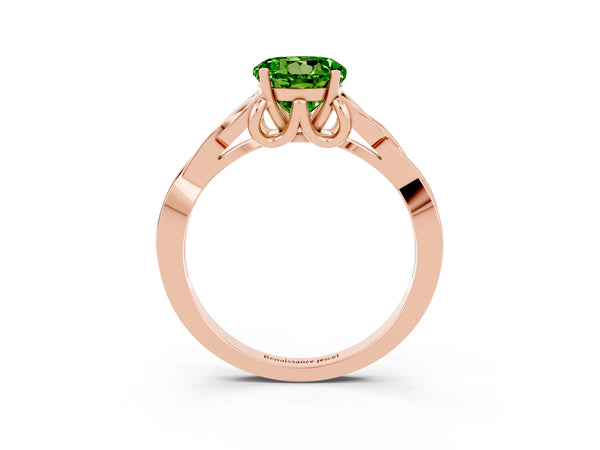 Rose gold Round Cut Peridot Solitaire Engagement Ring with Celtic Knot Band and Four-Prong Setting