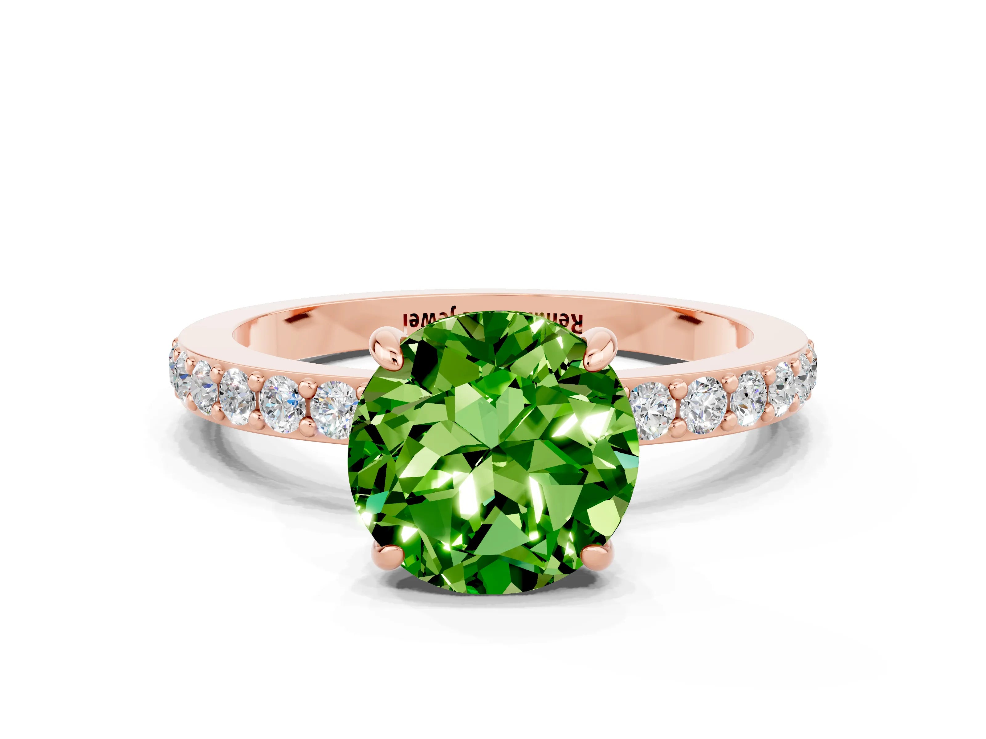 Rose gold Round Cut Peridot Solitaire Engagement Ring with Pavé Band and Four-Prong Setting