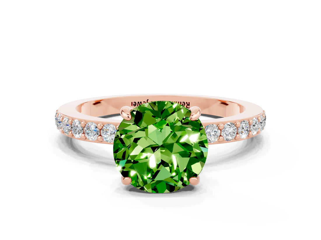 Rose gold Round Cut Peridot Solitaire Engagement Ring with Pavé Band and Four-Prong Setting