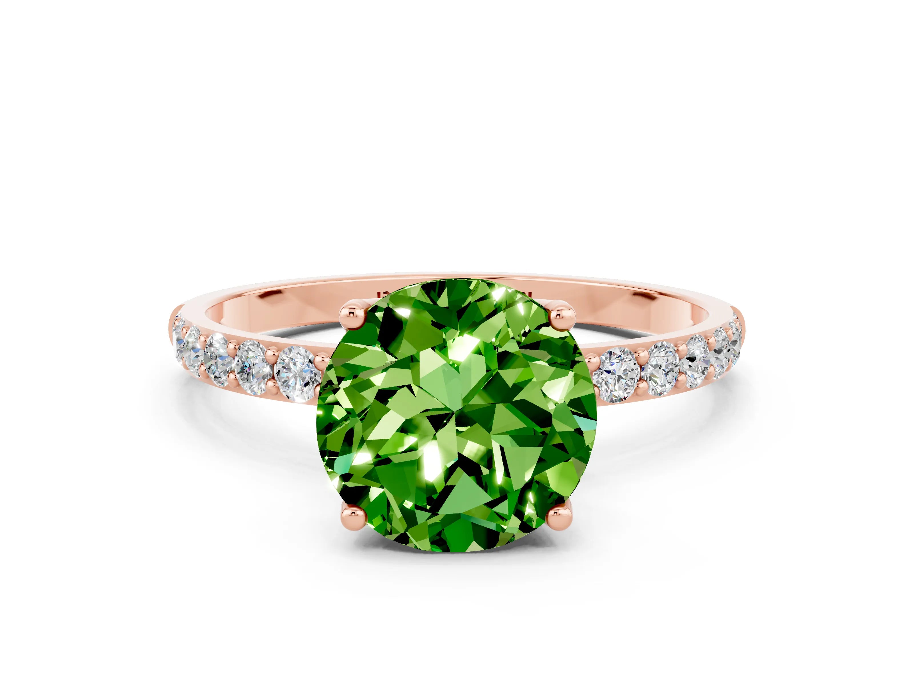 Rose gold Round Cut Peridot Solitaire Engagement Ring with Pavé Band and Prong Setting