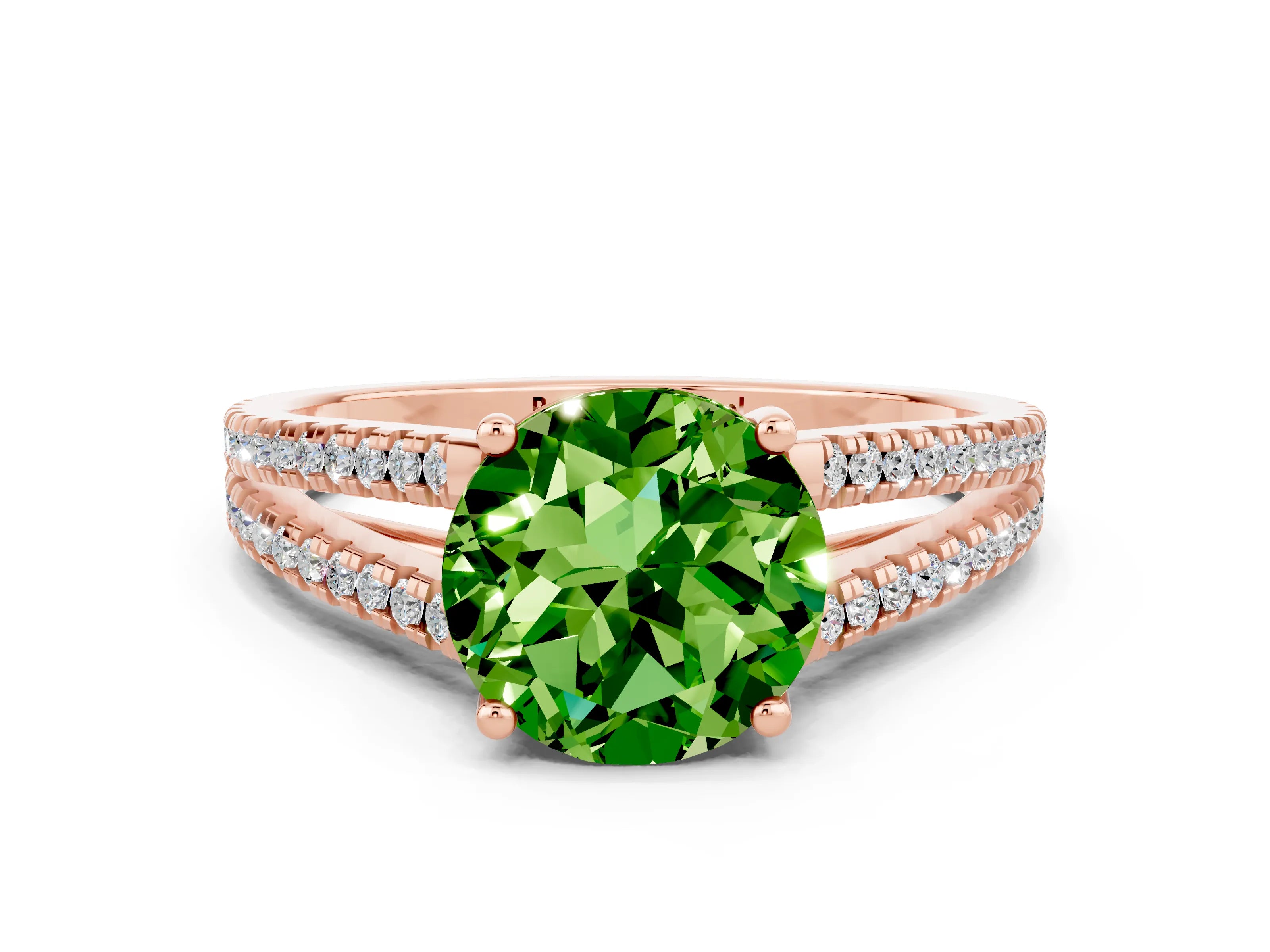 Rose gold Round Cut Peridot Solitaire Engagement Ring with Split Shank Pavé Band