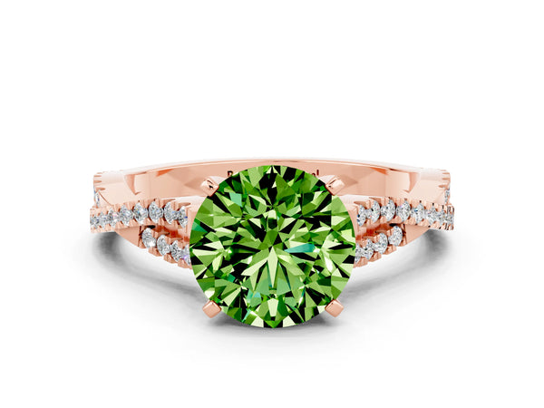 Rose gold Round Cut Peridot Solitaire Engagement Ring with Twisted Pavé Band and Four-Prong Setting
