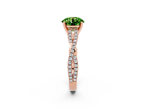 Rose gold Round Cut Peridot Solitaire Engagement Ring with Twisted Pavé Band and Four-Prong Setting