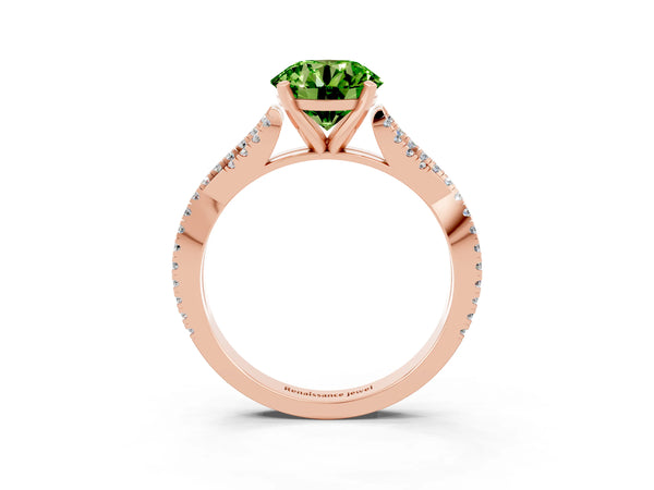 Rose gold Round Cut Peridot Solitaire Engagement Ring with Twisted Pavé Band and Four-Prong Setting