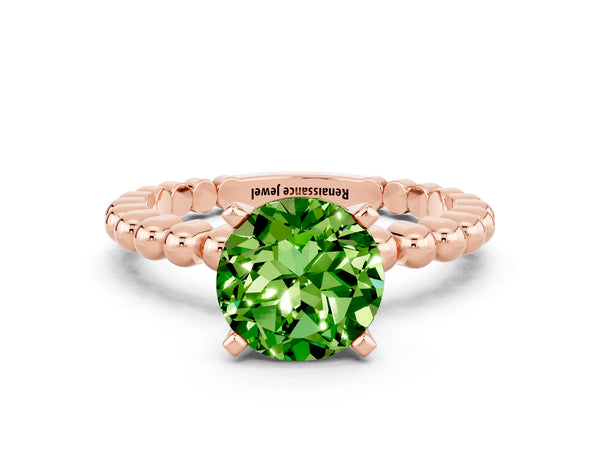 Rose gold Round Cut Peridot Solitaire Ring with Beaded Band and Prong Setting