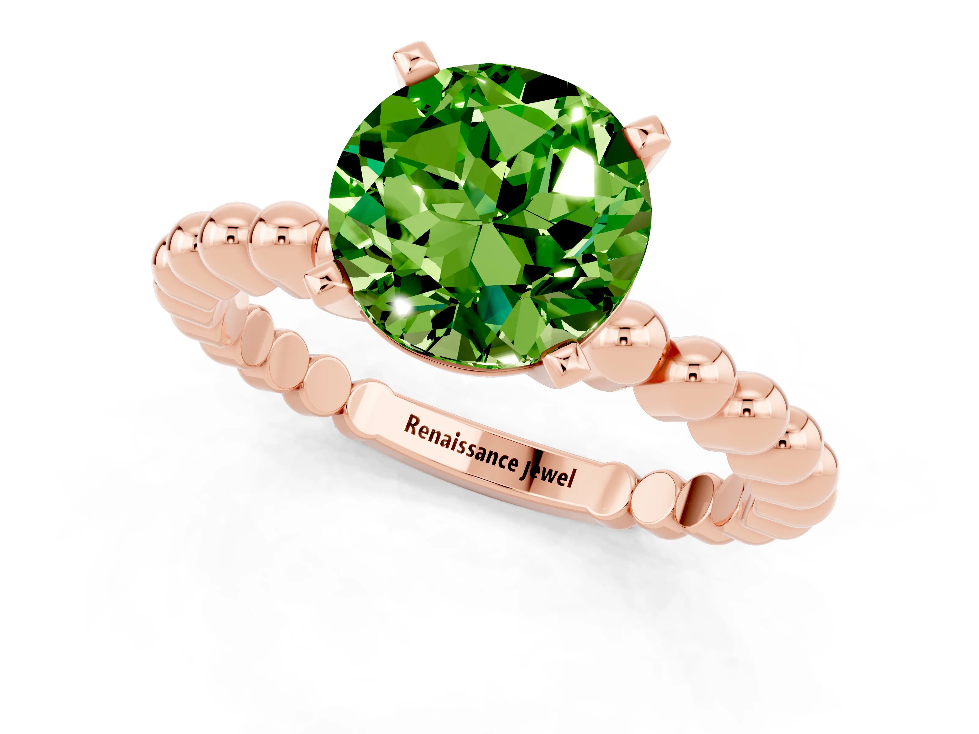 Rose gold Round Cut Peridot Solitaire Ring with Beaded Band and Prong Setting_1