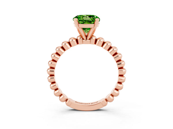 Rose gold Round Cut Peridot Solitaire Ring with Beaded Band and Prong Setting