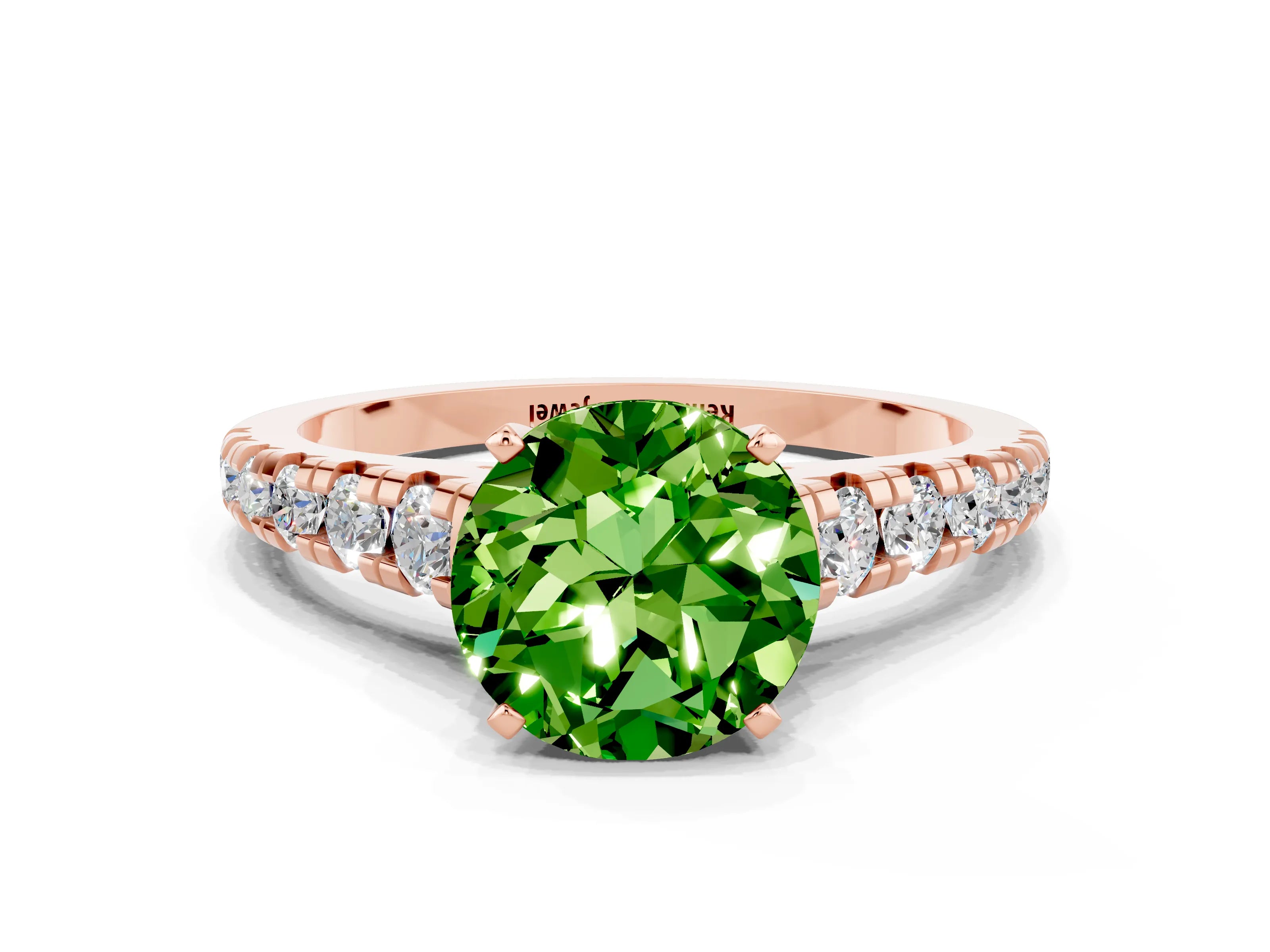 Rose gold Round Cut Peridot Solitaire Ring with Cathedral Setting and Pavé Band