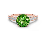Rose gold Round Cut Peridot Solitaire Ring with Cathedral Setting and Pavé Band