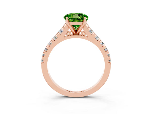 Rose gold Round Cut Peridot Cathedral Solitaire Ring with Round  Pavé Band
