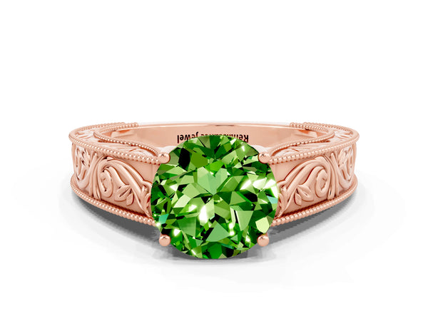 Rose gold Round Cut Peridot Solitaire Ring with Engraved Band and Four-Prong Setting