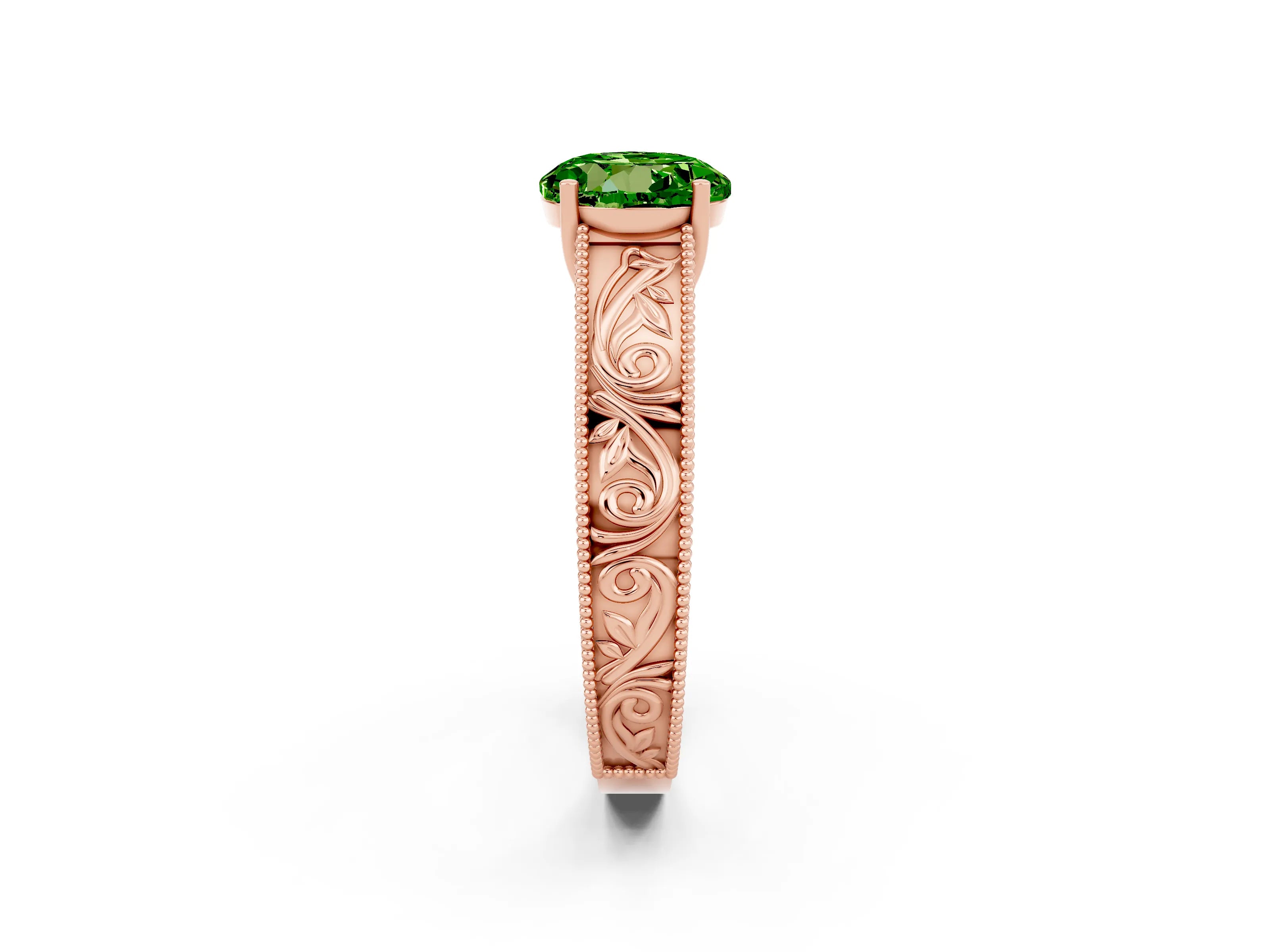 Rose gold Round Cut Peridot Solitaire Ring with Engraved Band and Four-Prong Setting_2