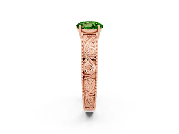 Rose gold Round Cut Peridot Solitaire Ring with Engraved Band and Four-Prong Setting