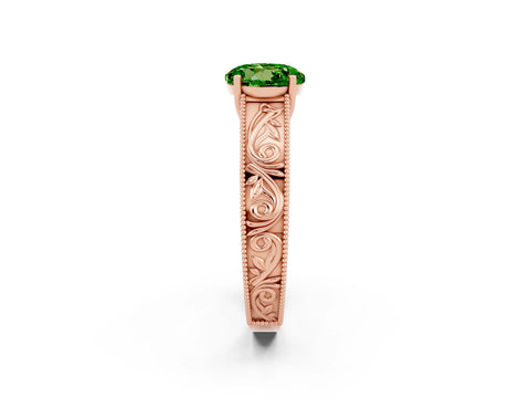 Rose gold Round Cut Peridot Solitaire Ring with Engraved Band and Four-Prong Setting_2
