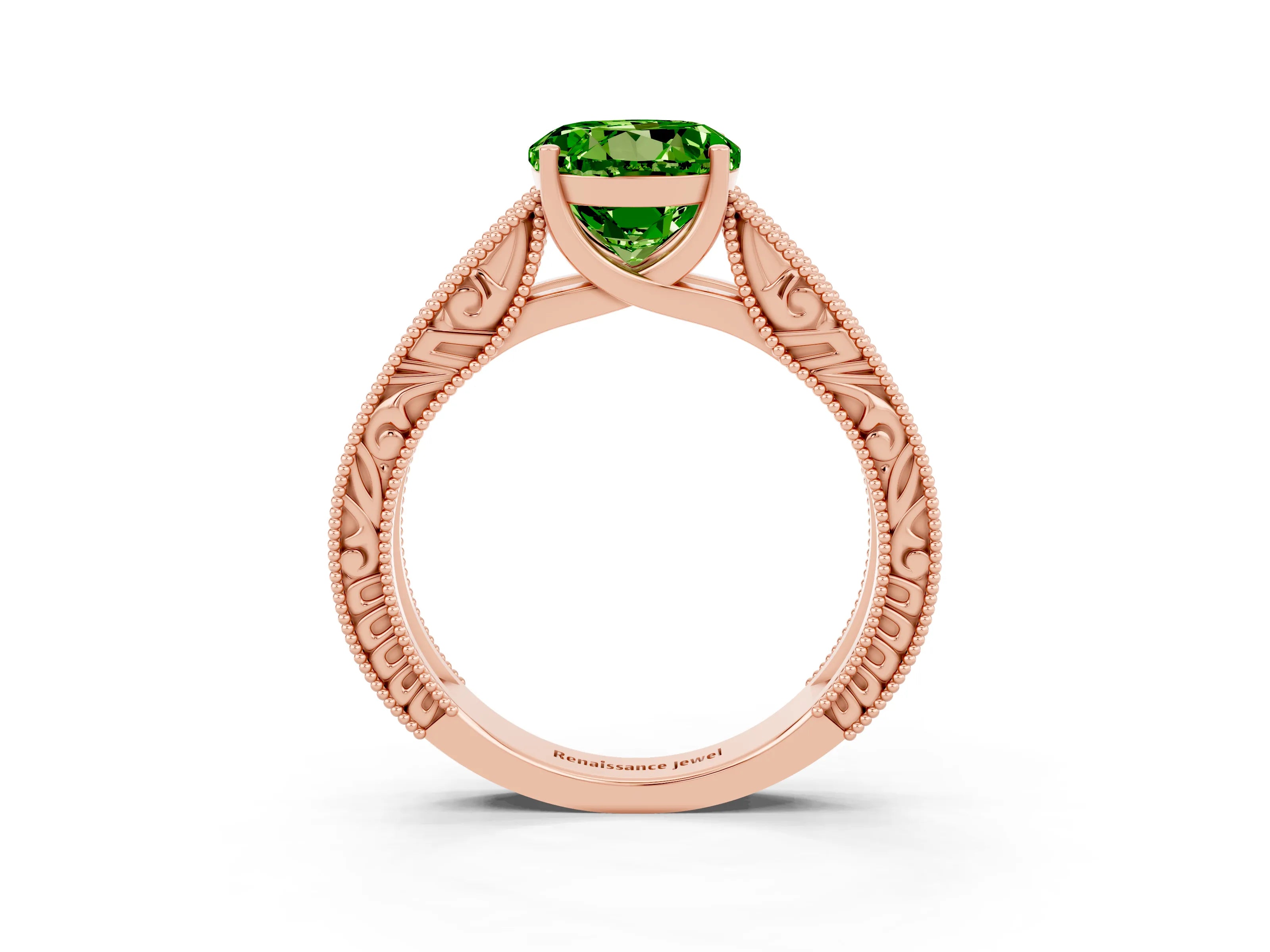 Rose gold Round Cut Peridot Solitaire Ring with Engraved Band and Four-Prong Setting_3