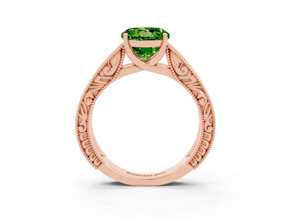 Rose gold Round Cut Peridot Solitaire Ring with Engraved Band and Four-Prong Setting