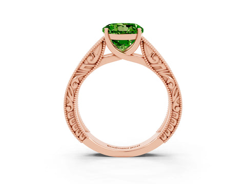 Rose gold Round Cut Peridot Solitaire Ring with Engraved Band and Four-Prong Setting_3
