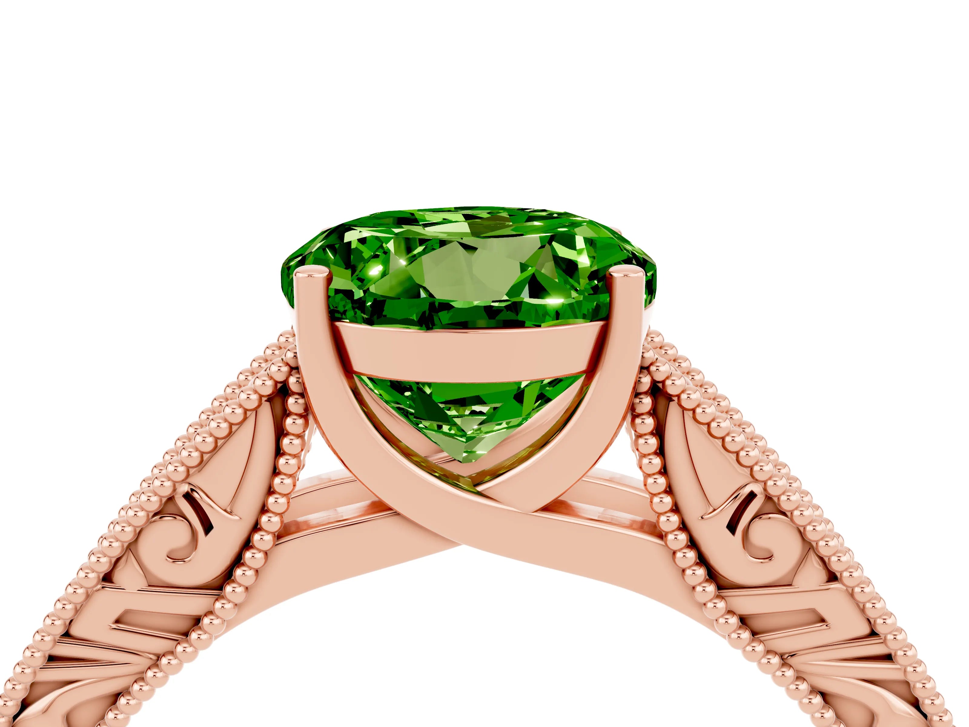 Rose gold Round Cut Peridot Solitaire Ring with Engraved Band and Four-Prong Setting_4