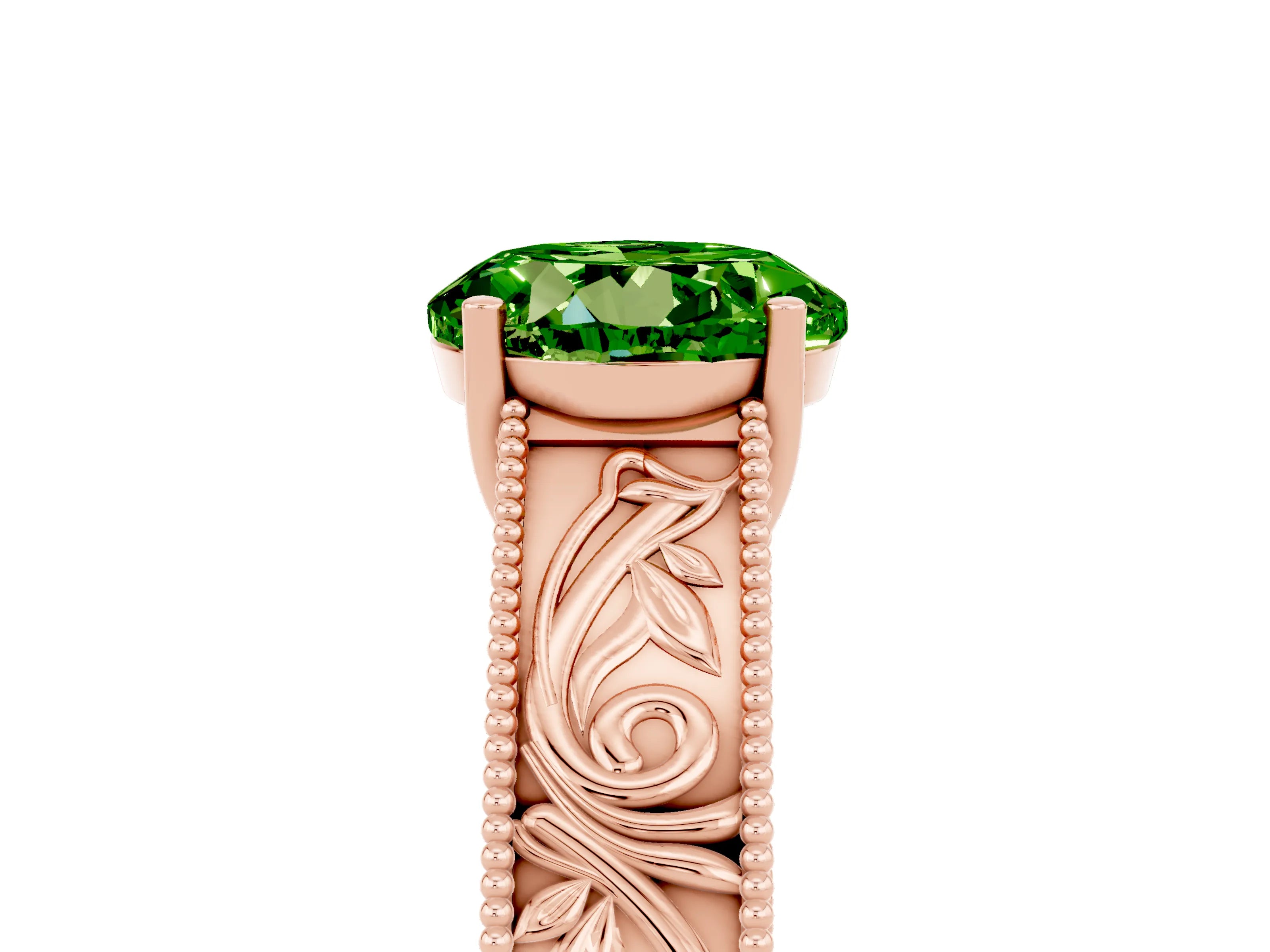 Rose gold Round Cut Peridot Solitaire Ring with Engraved Band and Four-Prong Setting_5