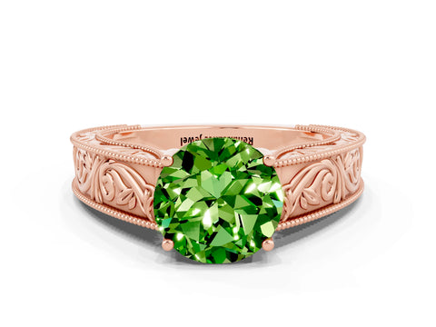 Rose gold Round Cut Peridot Solitaire Ring with Engraved Band and Four-Prong Setting