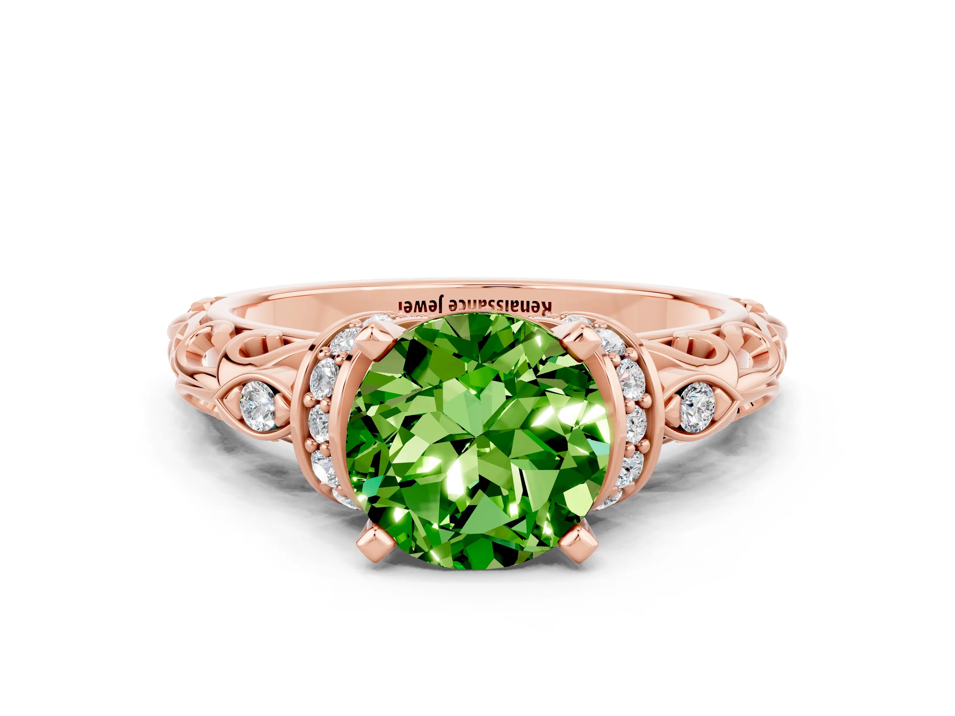 Rose gold Round Cut Peridot Solitaire Ring with Filigree Band and Four-Prong Setting_24