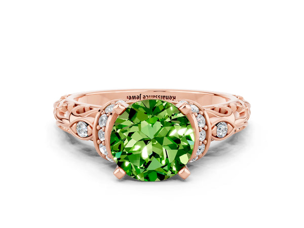 Rose gold Round Cut Peridot Solitaire Ring with Filigree Band and Four-Prong Setting