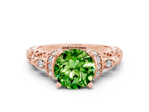 Rose gold Round Cut Peridot Solitaire Ring with Filigree Band and Four-Prong Setting_24
