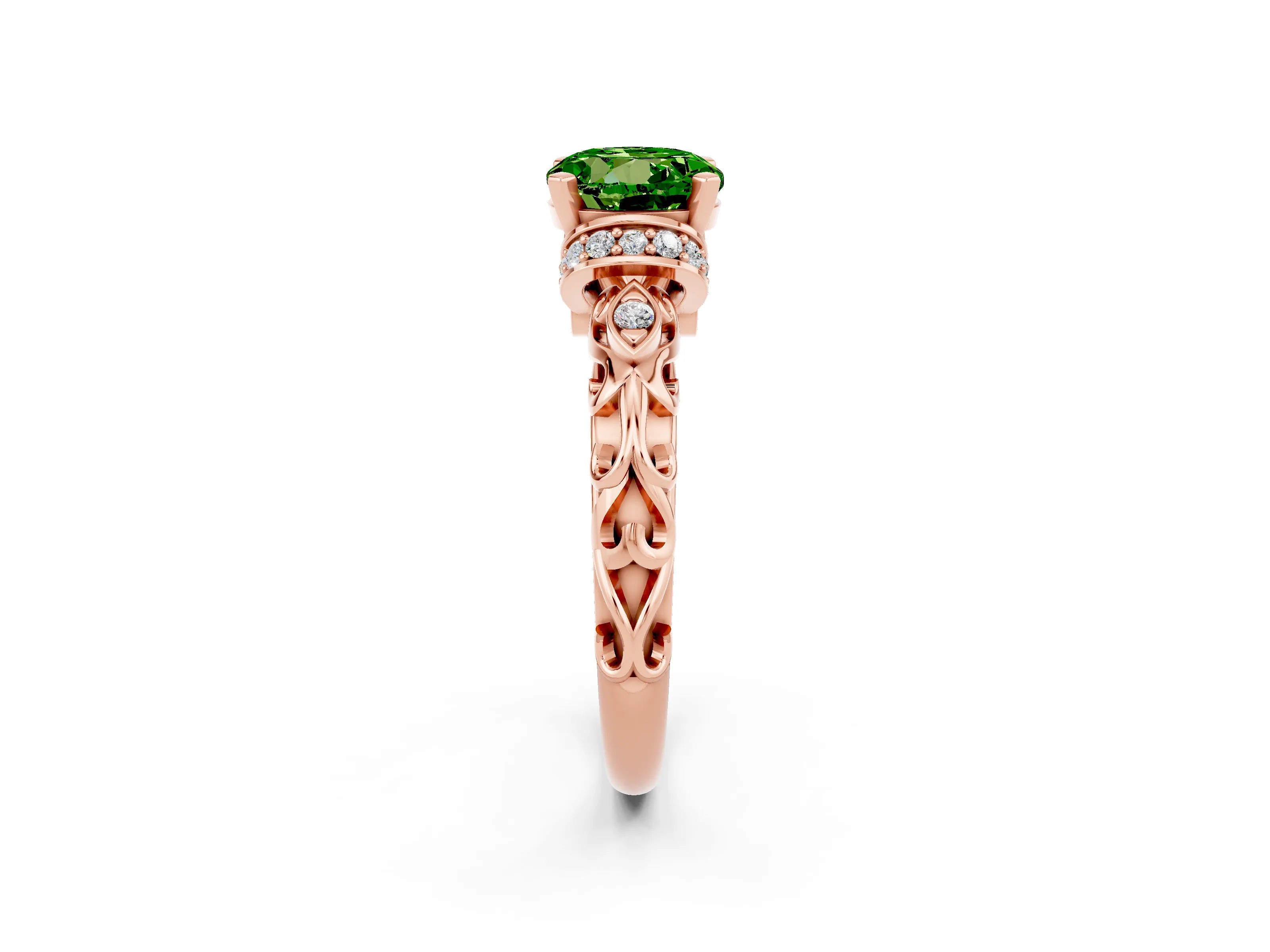 Rose gold Round Cut Peridot Solitaire Ring with Filigree Band and Four-Prong Setting_26