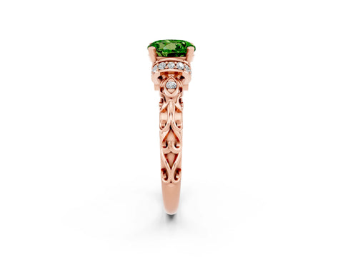 Rose gold Round Cut Peridot Solitaire Ring with Filigree Band and Four-Prong Setting_26