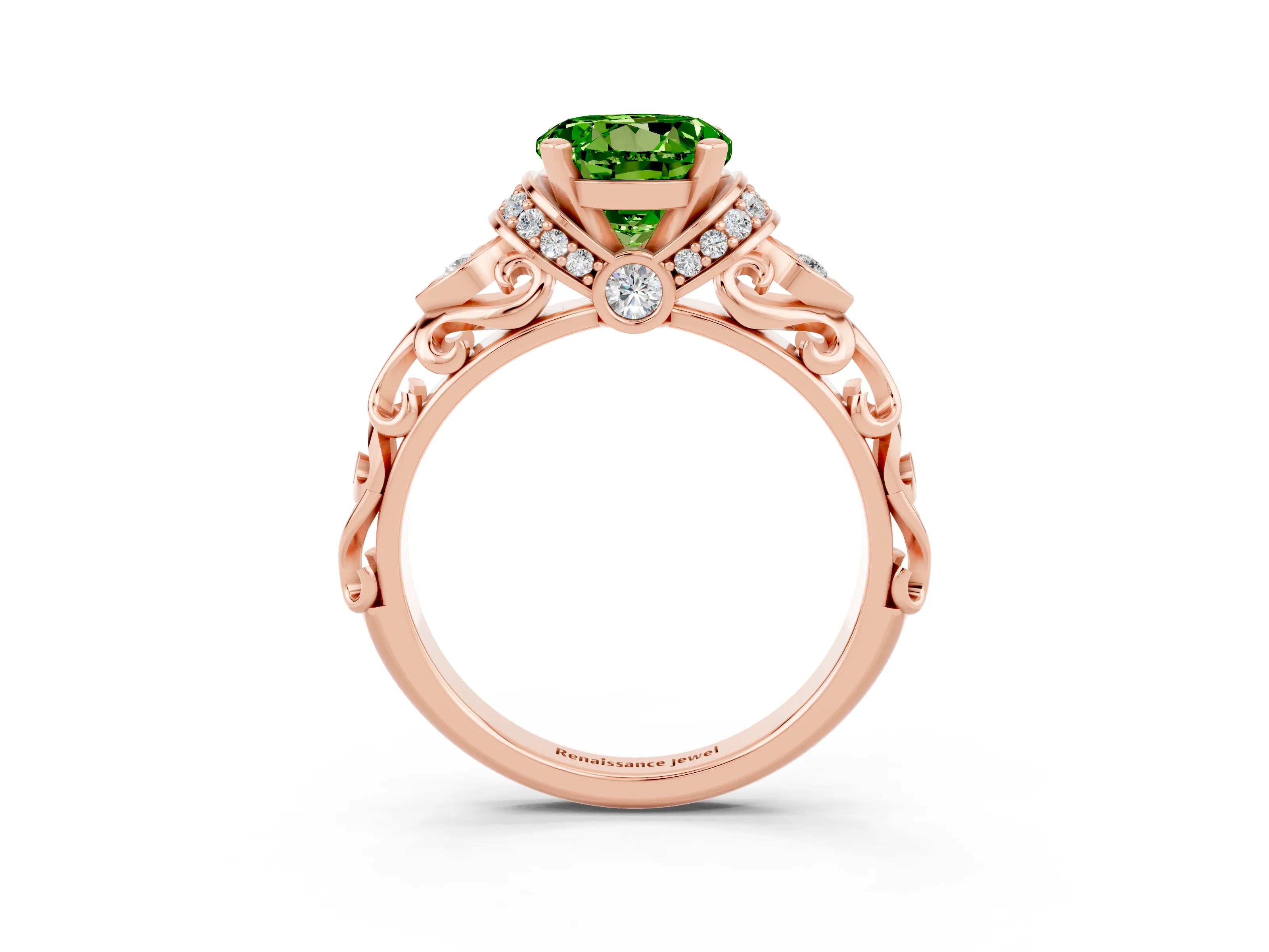 Rose gold Round Cut Peridot Solitaire Ring with Filigree Band and Four-Prong Setting_27