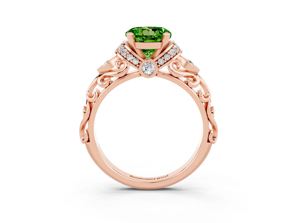 Rose gold Round Cut Peridot Solitaire Ring with Filigree Band and Four-Prong Setting