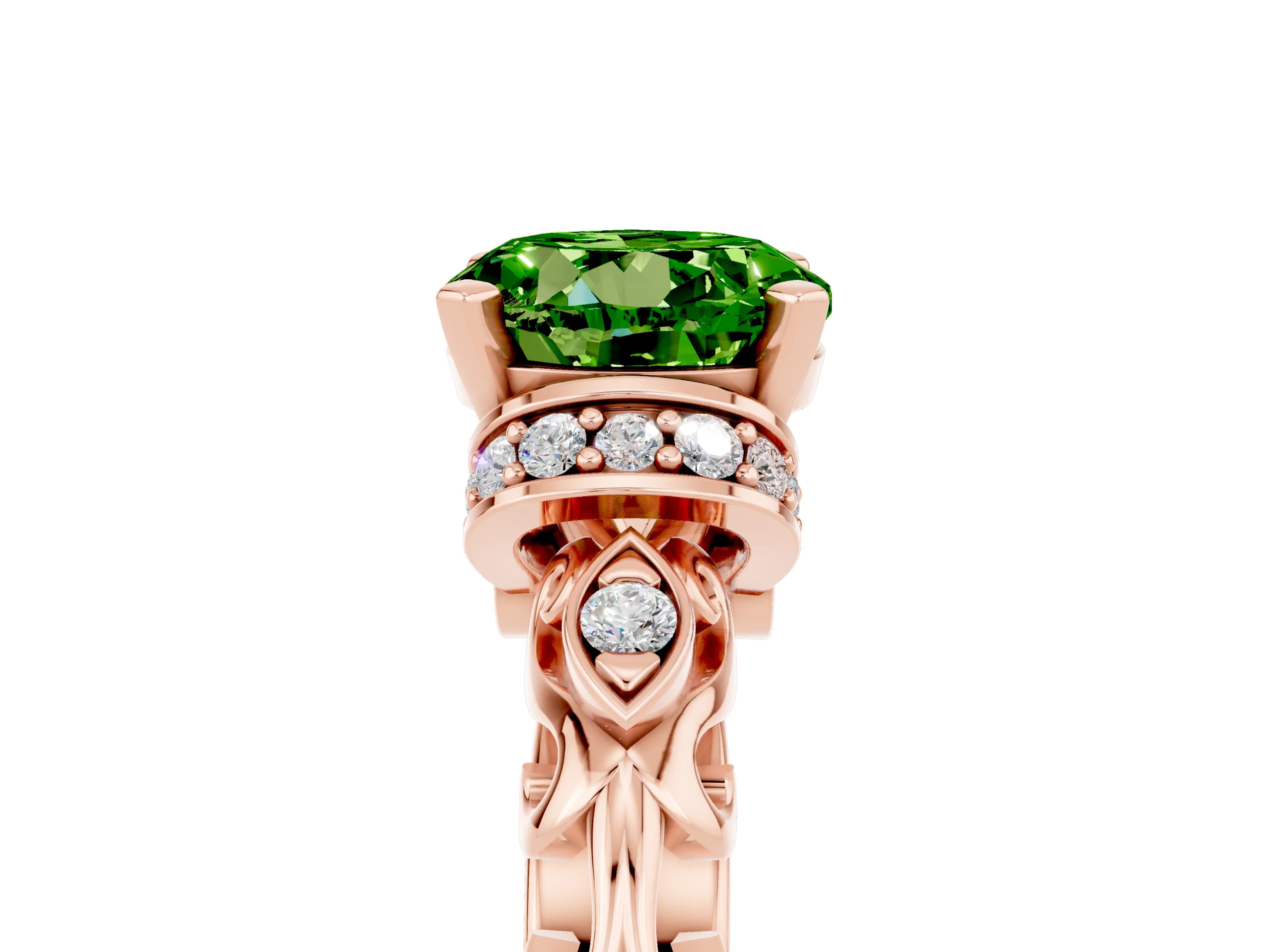 Rose gold Round Cut Peridot Solitaire Ring with Filigree Band and Four-Prong Setting_29