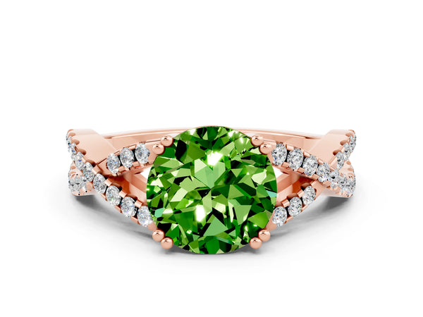 Rose gold Round Cut Peridot Solitaire Ring with Four-Prong Setting and Twisted Pavé Band