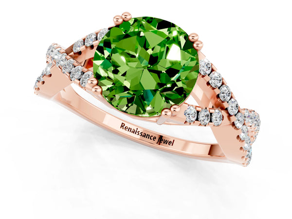 Rose gold Round Cut Peridot Solitaire Ring with Four-Prong Setting and Twisted Pavé Band