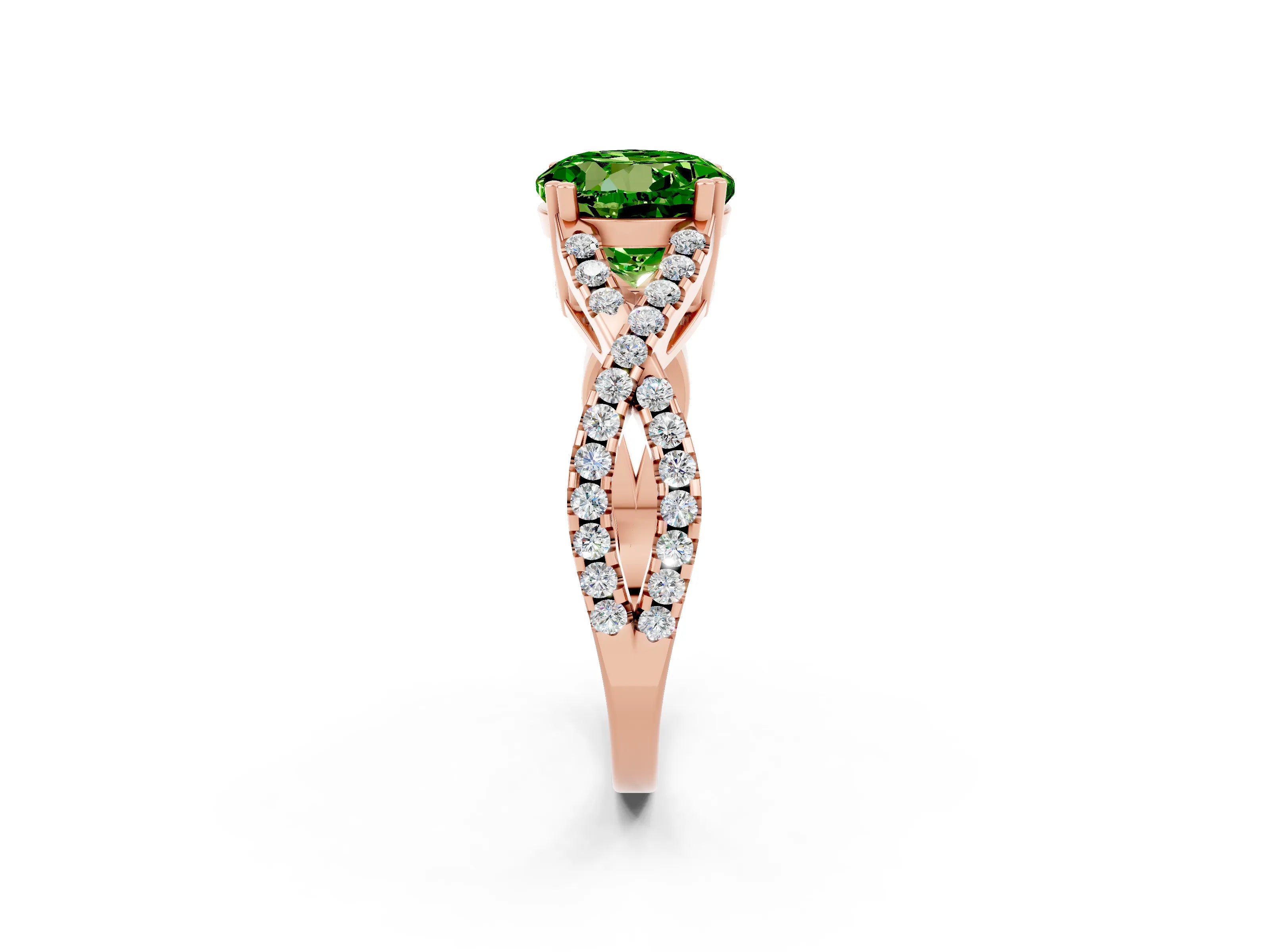Rose gold Round Cut Peridot Solitaire Ring with Four-Prong Setting and Twisted Pavé Band_2