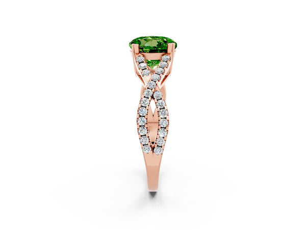 Rose gold Round Cut Peridot Solitaire Ring with Four-Prong Setting and Twisted Pavé Band