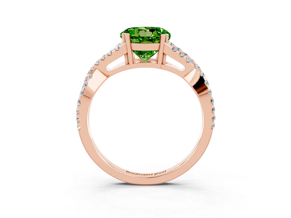 Rose gold Round Cut Peridot Solitaire Ring with Four-Prong Setting and Twisted Pavé Band
