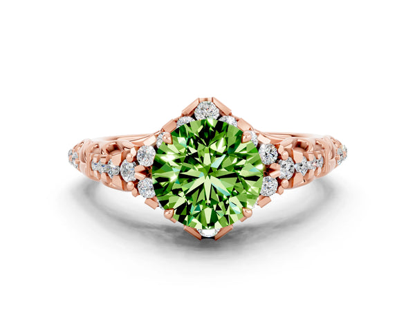 Rose gold Round Cut Peridot Solitaire Ring with Hidden Halo and Pavé Band