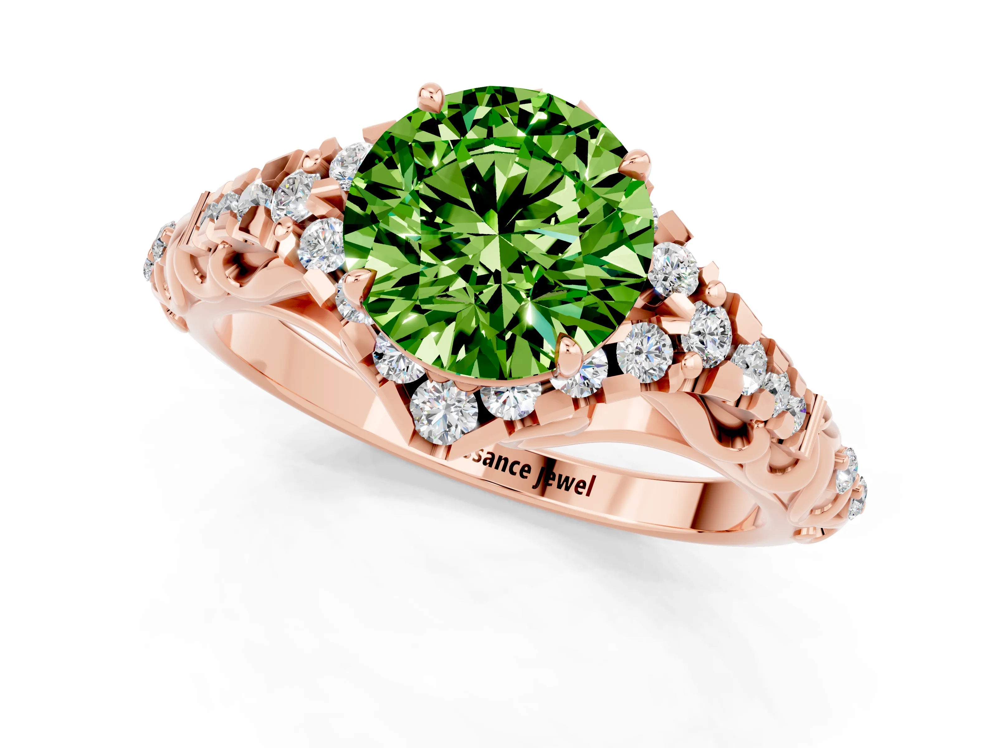 Rose gold Round Cut Peridot Solitaire Ring with Hidden Halo and Pavé Band_13