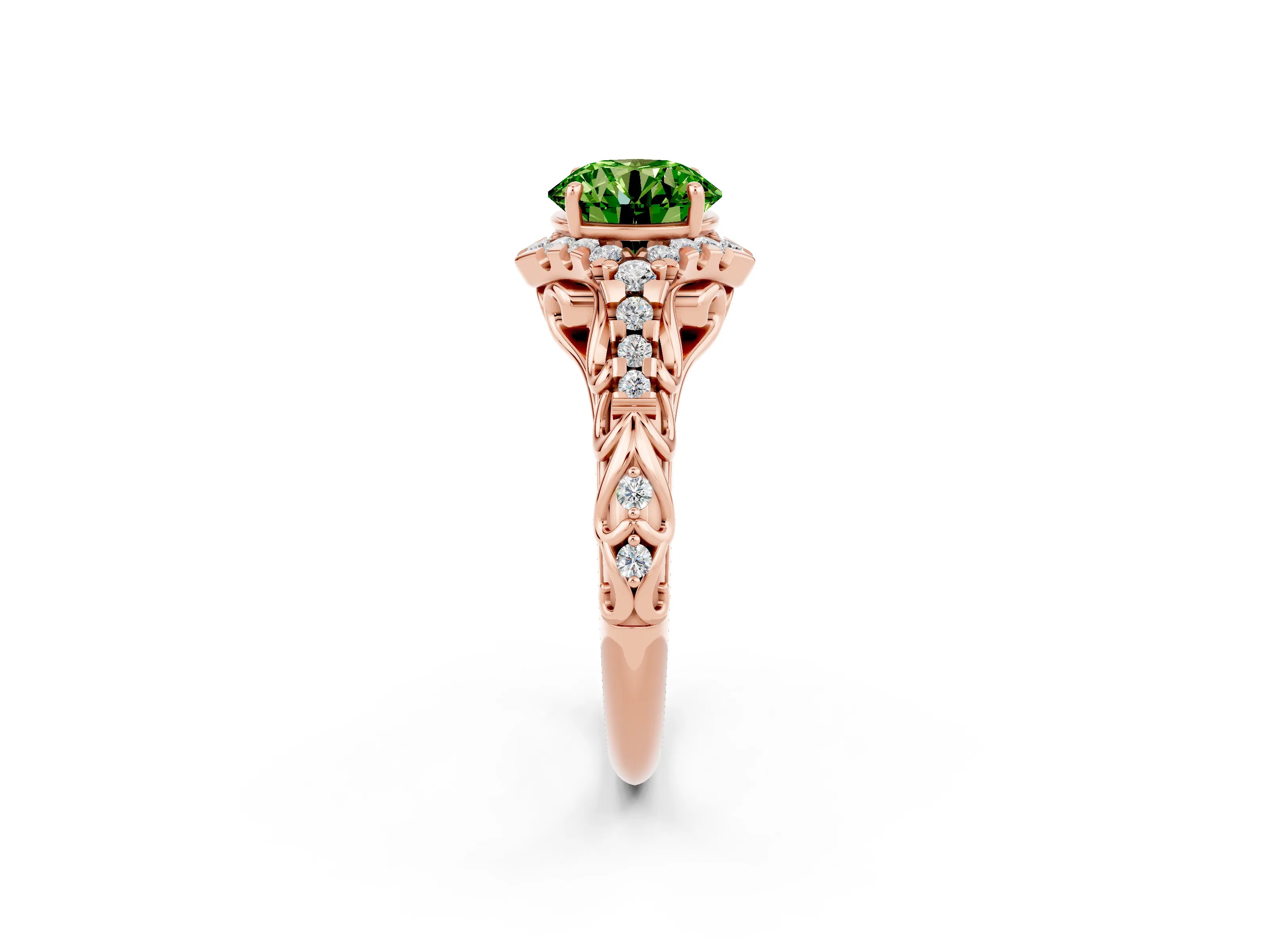 Rose gold Round Cut Peridot Solitaire Ring with Hidden Halo and Pavé Band_14