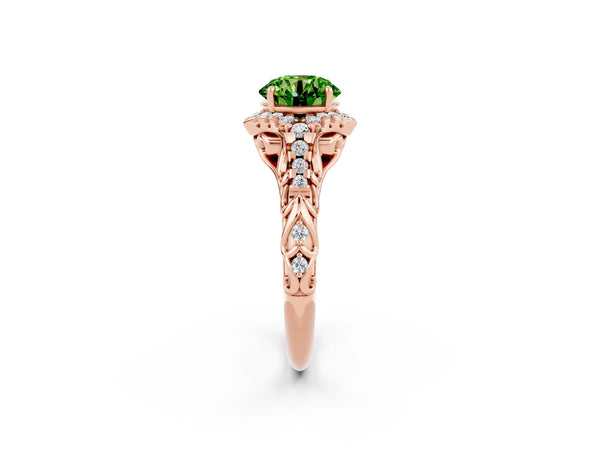 Rose gold Round Cut Peridot Solitaire Ring with Hidden Halo and Pavé Band