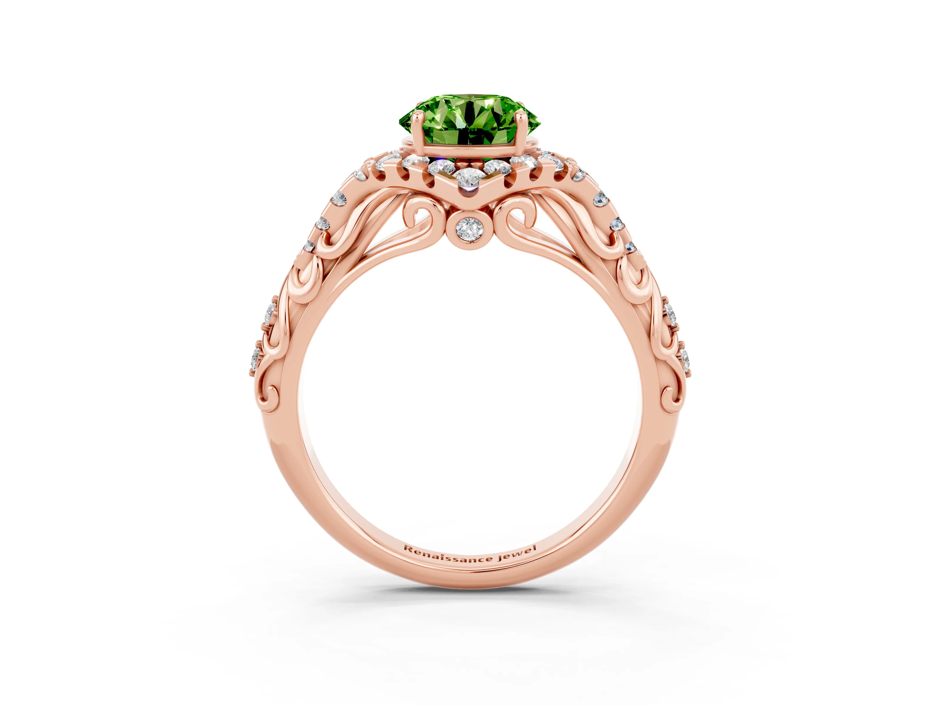 Rose gold Round Cut Peridot Solitaire Ring with Hidden Halo and Pavé Band_15