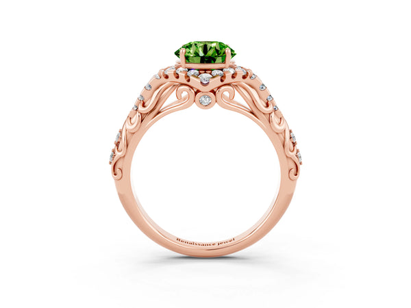 Rose gold Round Cut Peridot Solitaire Ring with Hidden Halo and Pavé Band