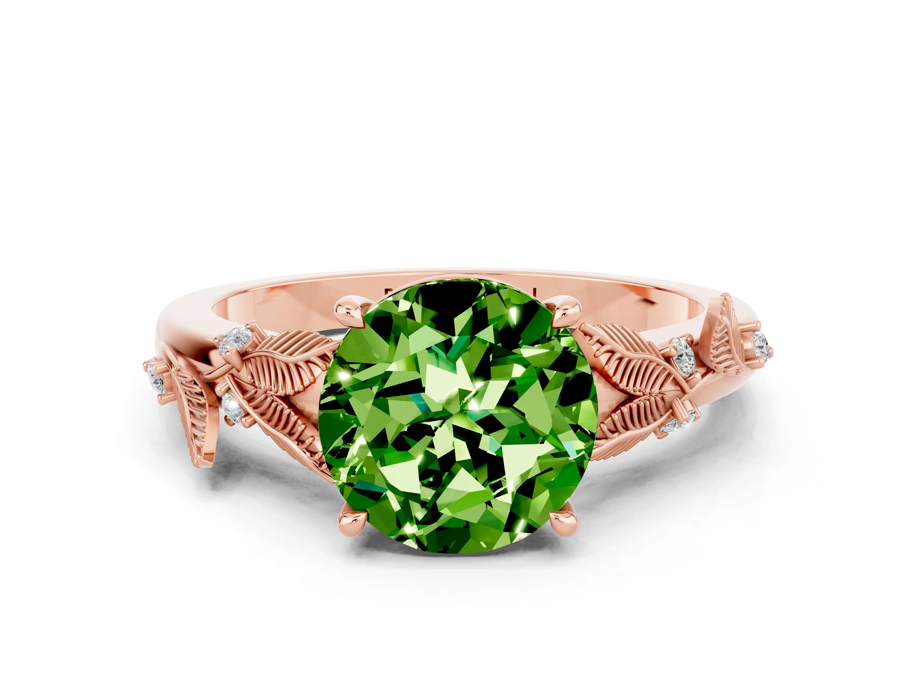 Rose gold Round Cut Peridot Solitaire Ring with Leaf Motif Band and Four-Prong Setting