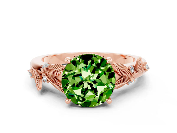 Rose gold Round Cut Peridot Solitaire Ring with Leaf Motif Band and Four-Prong Setting