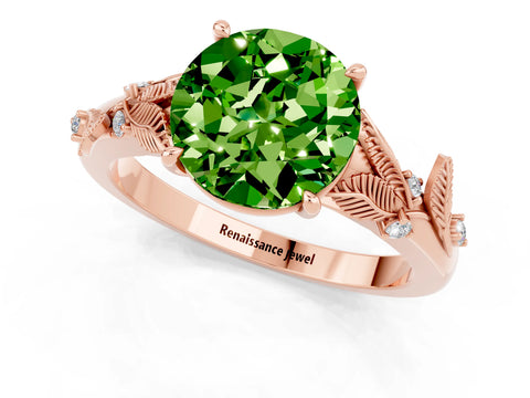 Rose gold Round Cut Peridot Solitaire Ring with Leaf Motif Band and Four-Prong Setting_1